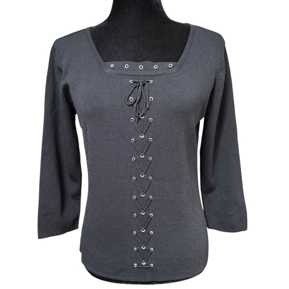 Carducci Black Lace Up Corset Ribbed Knit Sweater Top Size Medium Y2K - Picture 1 of 6